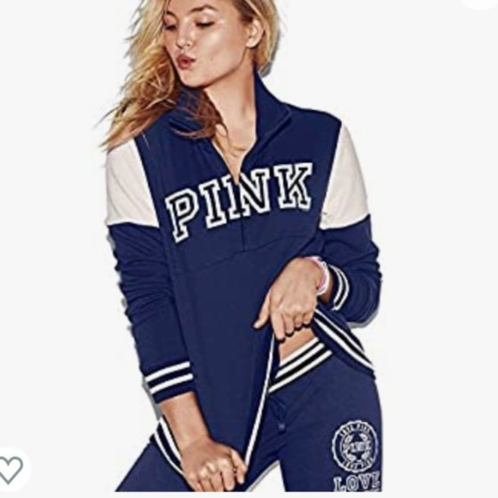 Victoria's Secret Pink Navy Blue & White Half-Zip Pullover Sweatshirt